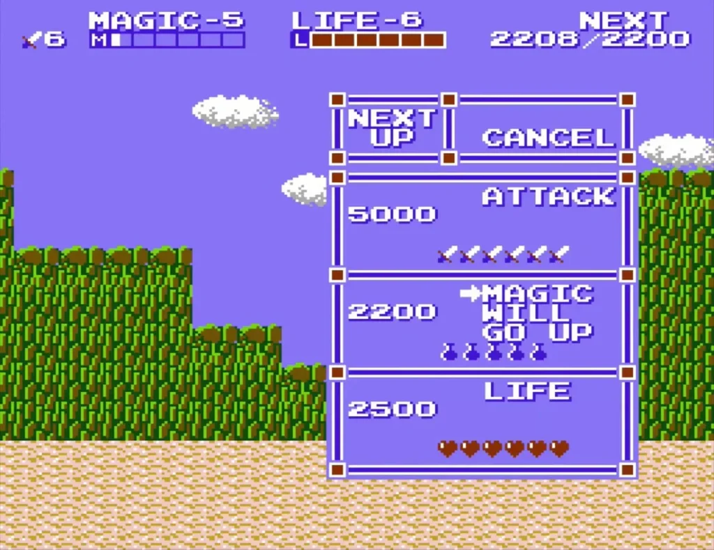 Level-up box with the cursor on Magic after Link passes 2200 experience points