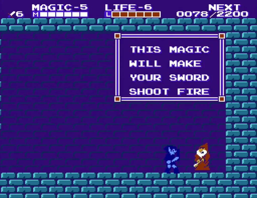 The brown-robed old man teaching Link the Fire spell, with the text box about the sword shooting fire