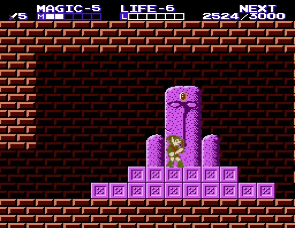 Link beside the purple statue pedestal in a brick hall as he leaves the island