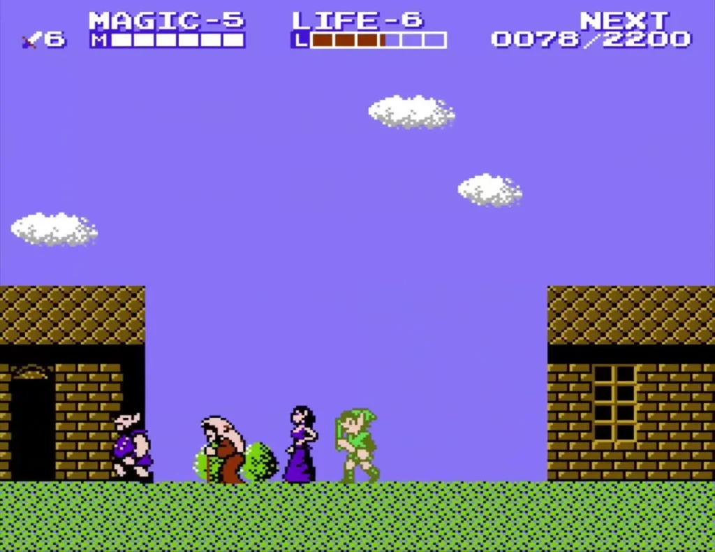 Link beside a brown-robed and a purple-robed townsperson in front of olive-brick houses in Nabooru