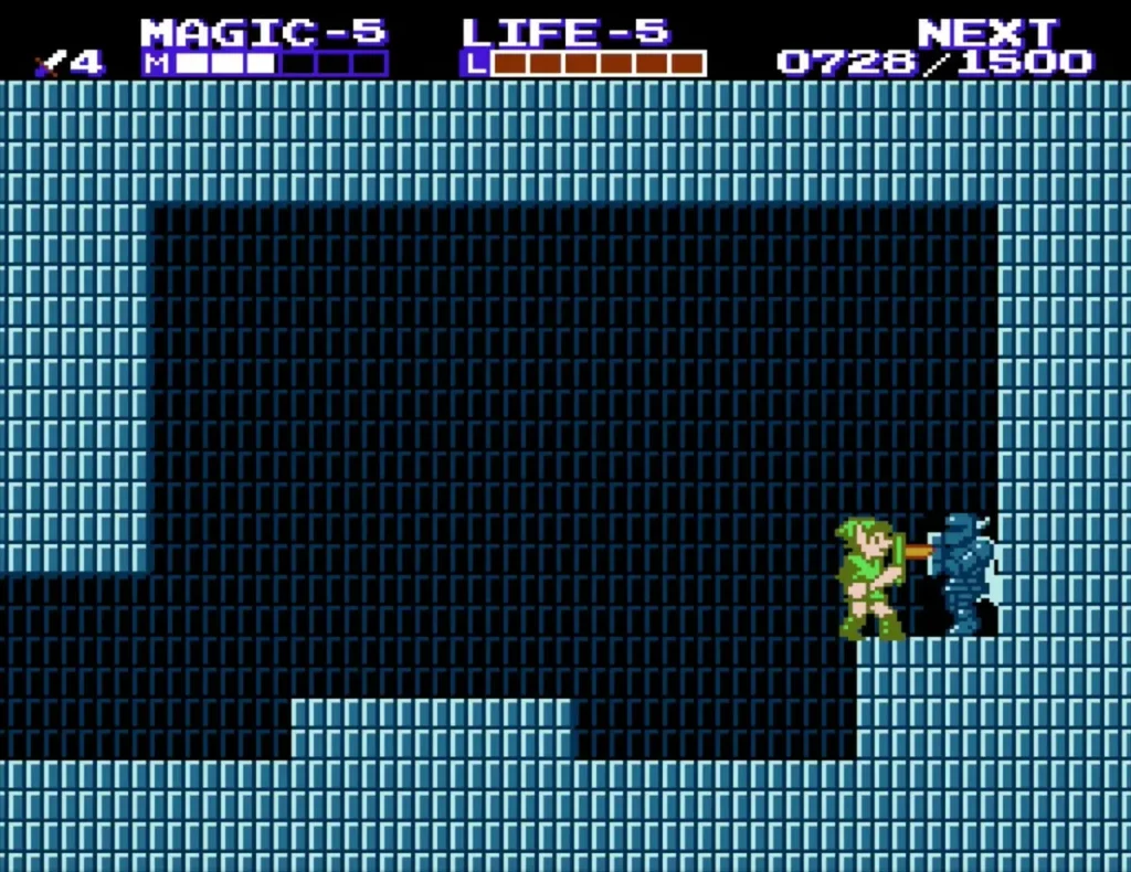 Link beside a blue armored knight waiting in a dark niche in Midoro Palace Link beside a blue armored knight waiting in a dark niche in Midoro Palace