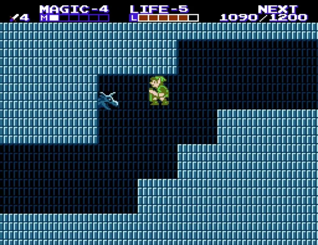 Link in a dark blue-brick passage with a blue Bot at its left in Midoro Palace Link in a dark blue-brick passage with a blue Bot at its left in Midoro Palace