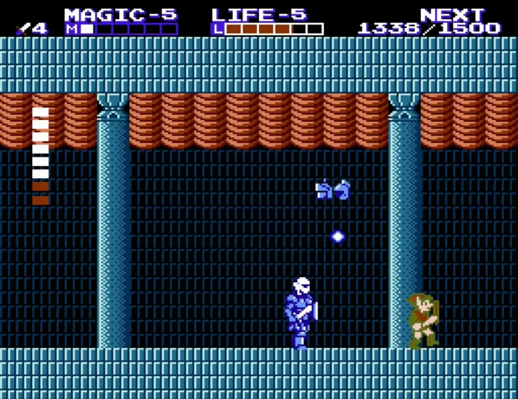 Link facing a blue Stalfos in a pillared hall of Midoro Palace Link facing a blue Stalfos in a pillared hall of Midoro Palace