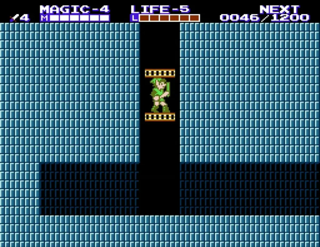 Link riding the elevator down a blue-brick shaft in Midoro Palace Link riding the elevator down a blue-brick shaft in Midoro Palace
