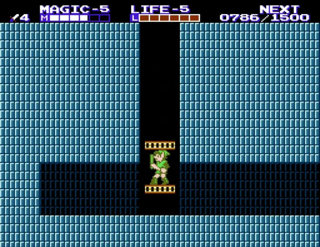 Link standing on a gold moving platform in a shaft lined with blue blocks Link standing on a gold moving platform in a shaft lined with blue blocks