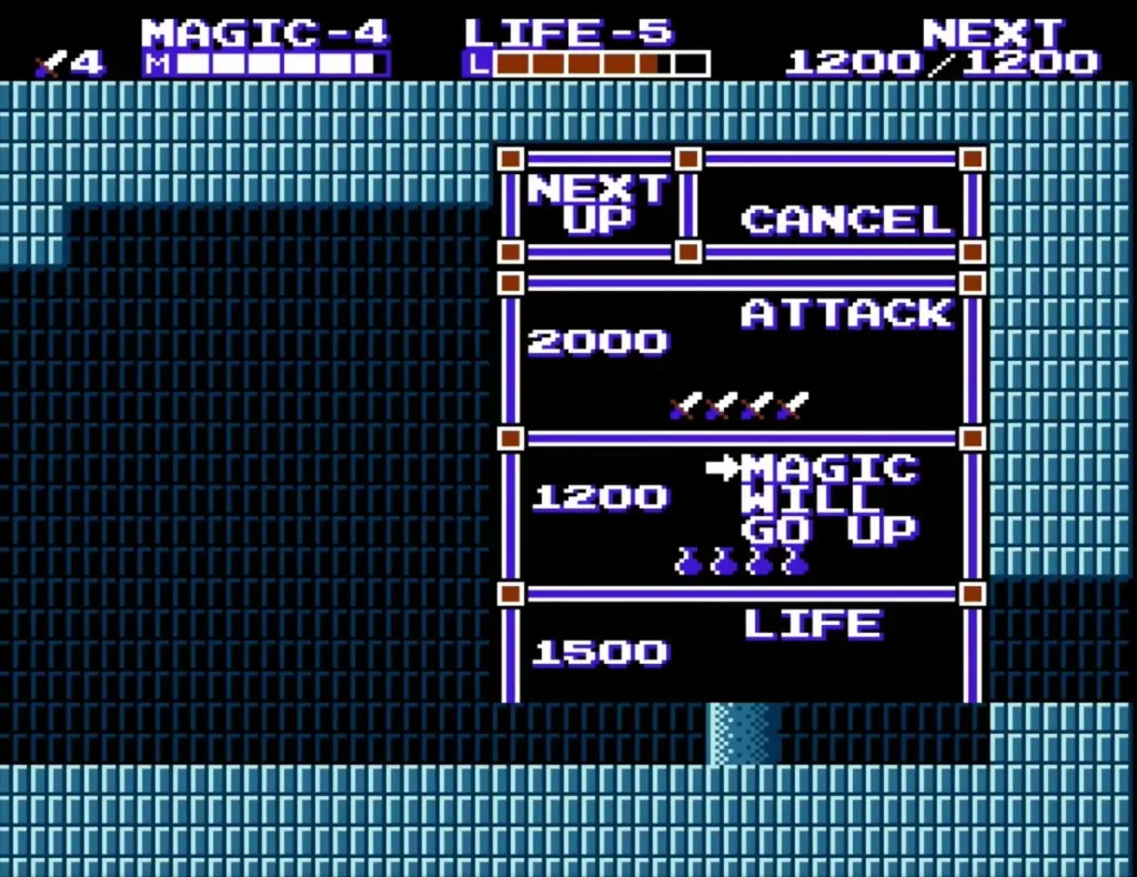 Level-up box with the cursor on Magic, after Link passes 1200 experience points Level-up box with the cursor on Magic, after Link passes 1200 experience points