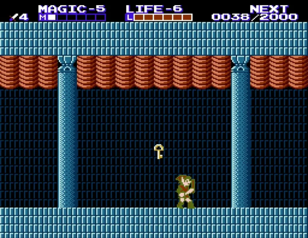 Link in a pillared room with Life at level 6 and a key nearby Link in a pillared room with Life at level 6 and a key nearby