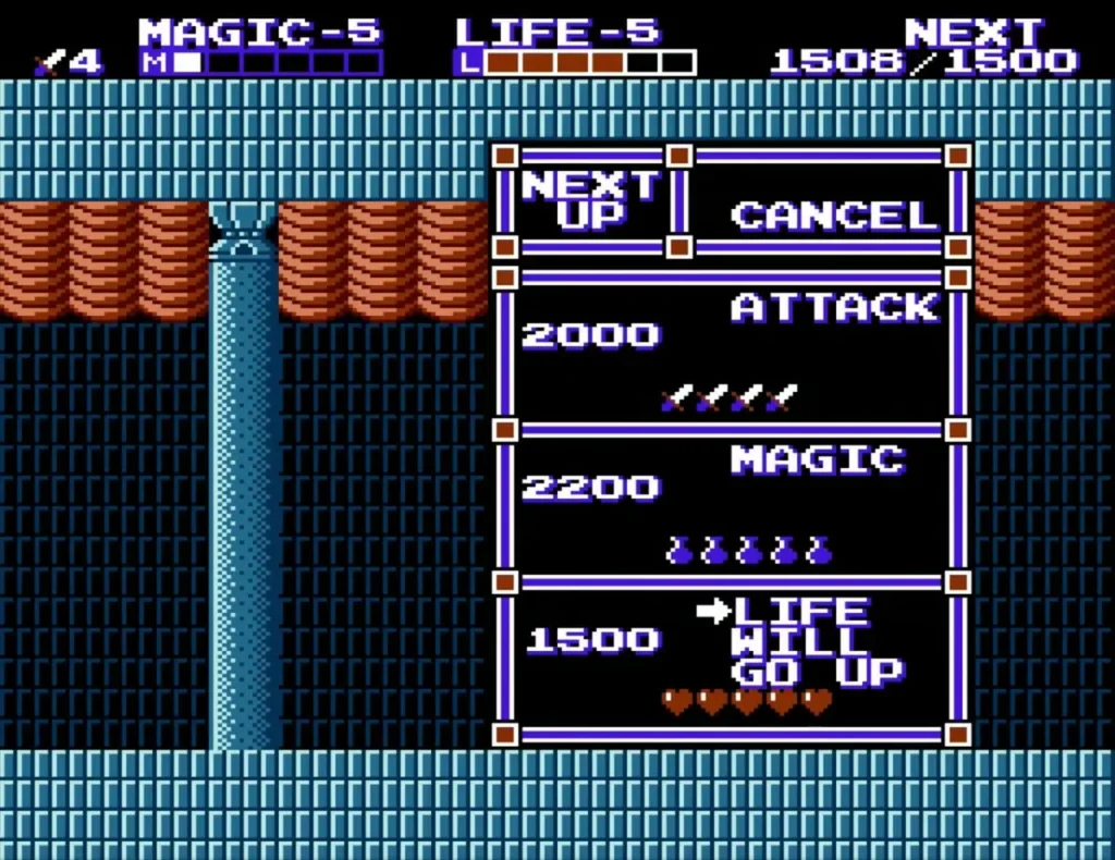 Level-up box with the cursor on Life after Link reaches 1500 experience points Level-up box with the cursor on Life after Link reaches 1500 experience points