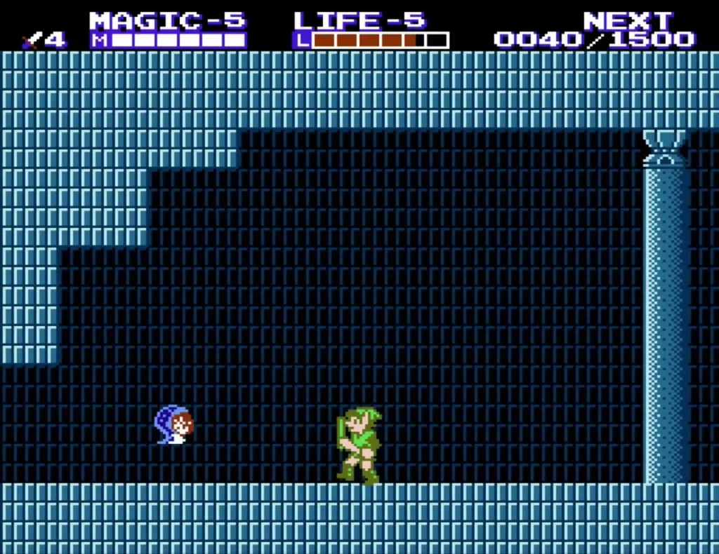 Link with Magic at level 5 in a blue-brick room of Midoro Palace Link with Magic at level 5 in a blue-brick room of Midoro Palace