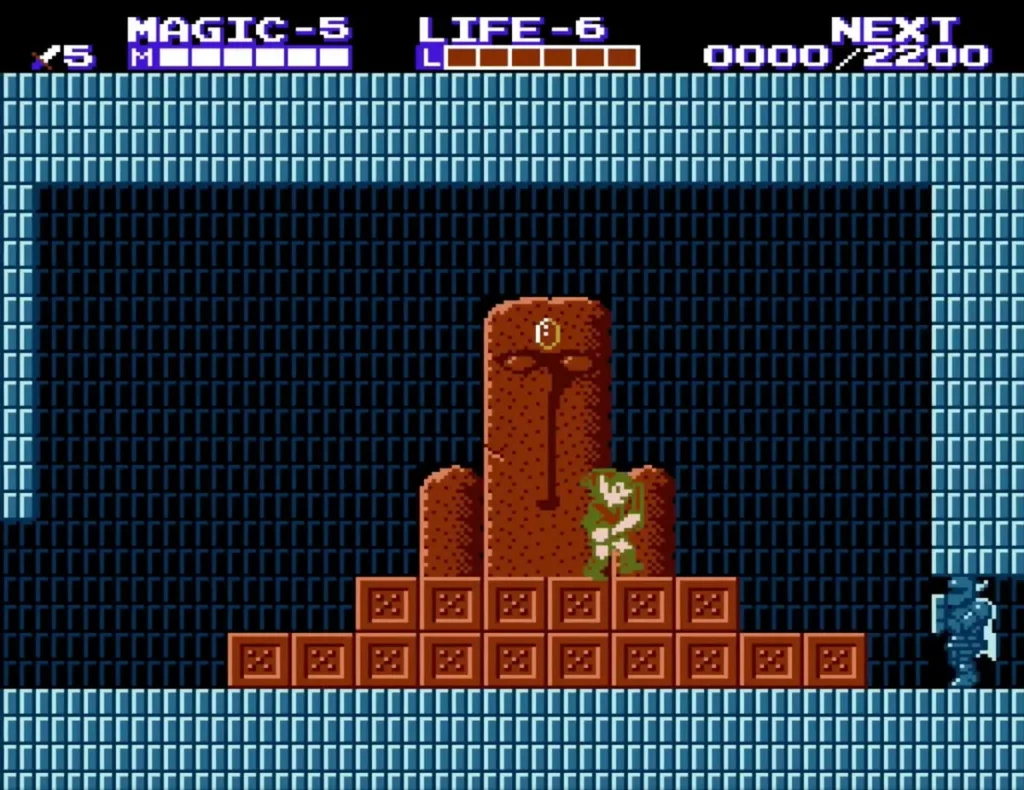 Link at the stepped pedestal beside a white monument with a blue gem Link at the stepped pedestal beside a white monument with a blue gem