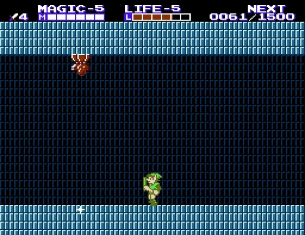 Link in a blue-brick room with a red flying enemy at the top left Link in a blue-brick room with a red flying enemy at the top left