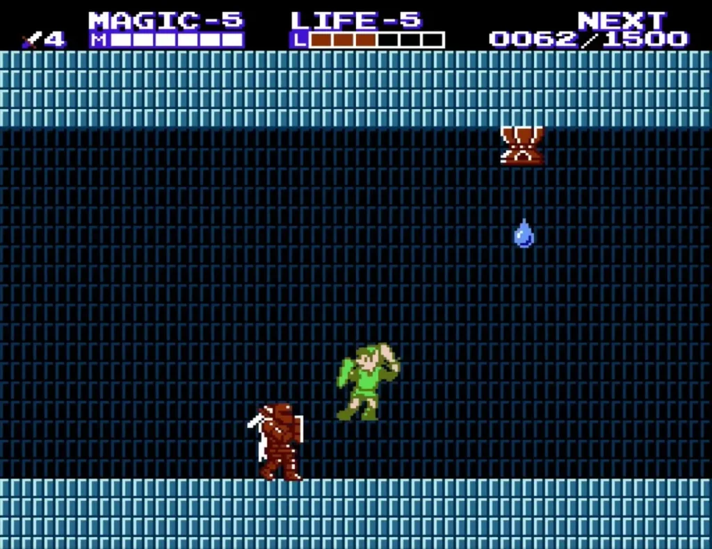 Link beside a red-and-white knight with a sword, with a red flier above, in a blue-brick room of Midoro Palace Link beside a red-and-white knight with a sword, with a red flier above, in a blue-brick room of Midoro Palace