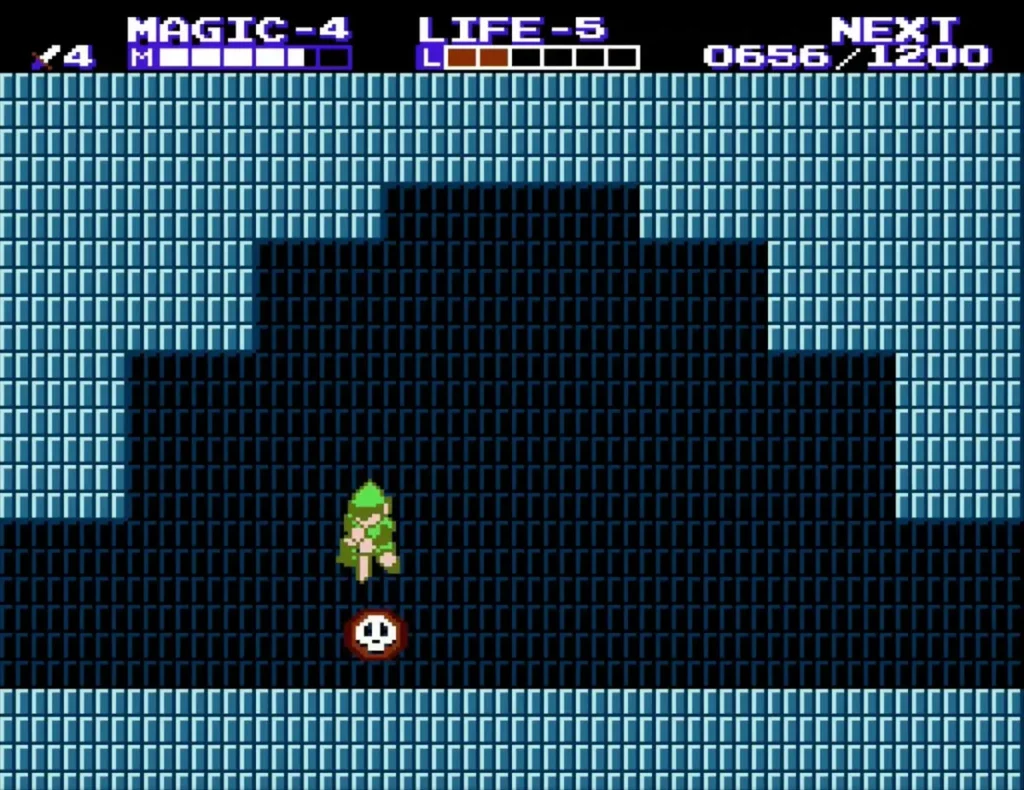 Link beside a red skull enemy in a blue-brick room of Midoro Palace Link beside a red skull enemy in a blue-brick room of Midoro Palace