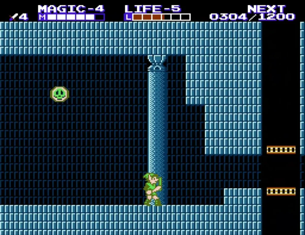 Link beside a skull-faced enemy in a blue-brick shaft of Midoro Palace Link beside a skull-faced enemy in a blue-brick shaft of Midoro Palace