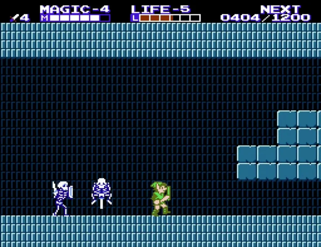 Link facing two white skeletons in a blue-brick room of Midoro Palace Link facing two white skeletons in a blue-brick room of Midoro Palace