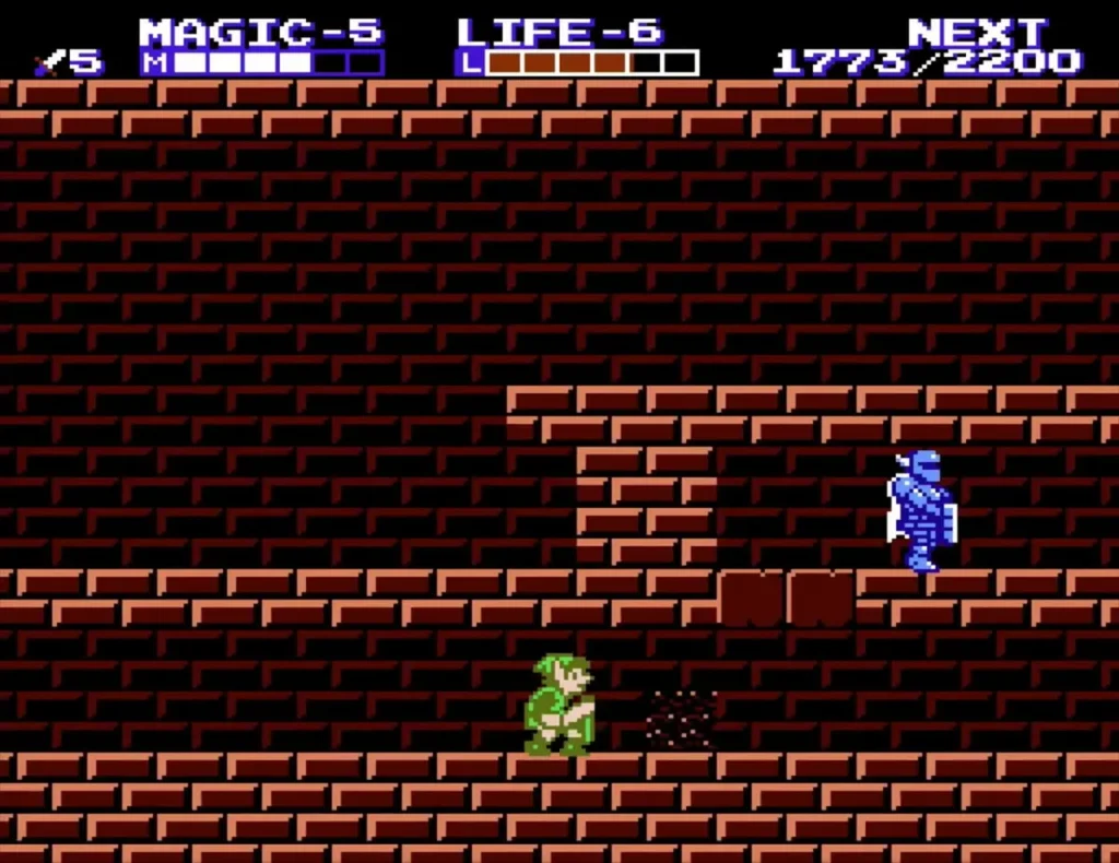 Link on a brick floor with a blue armored knight at the top right of Island Palace