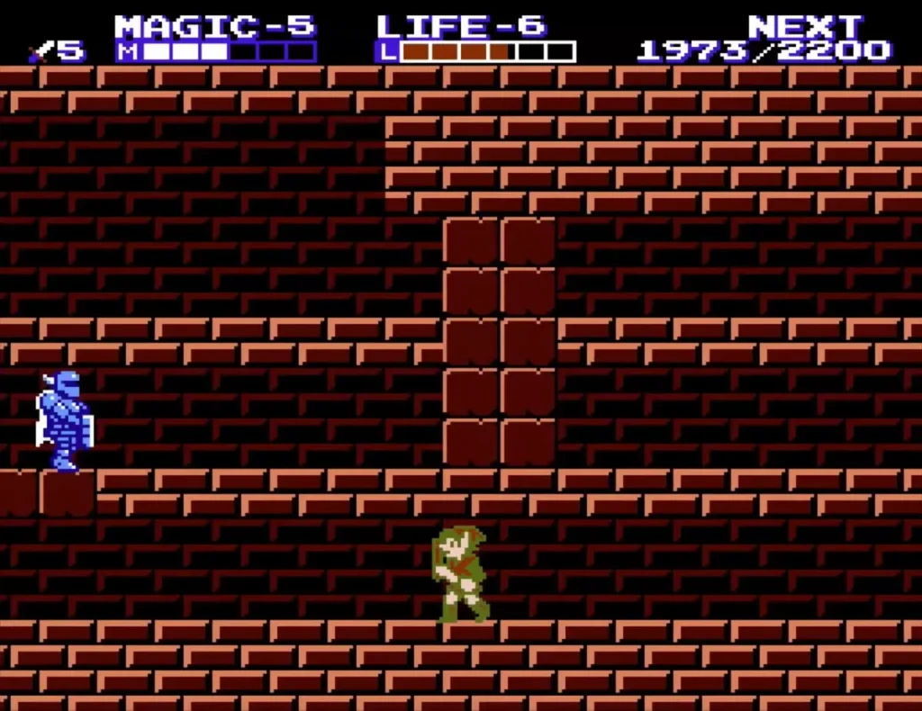 Blue armored knight at the left of a brick room while Link stands at right in Island Palace