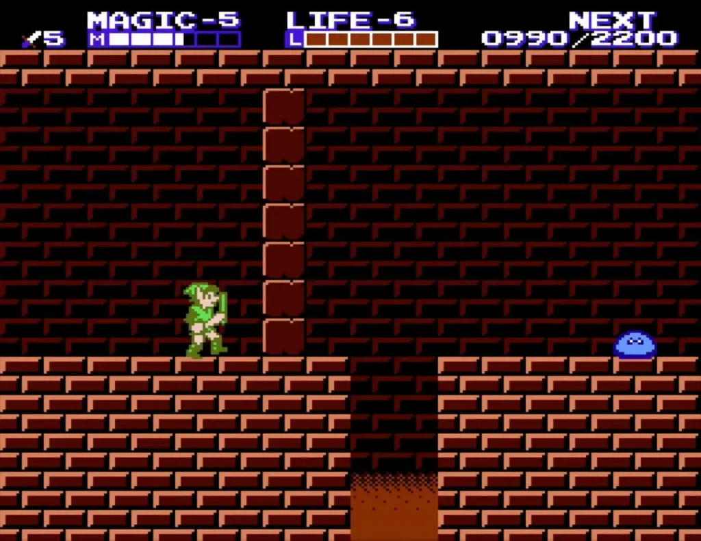 Link on a brick ledge past the first elevator, with a blue slime at right