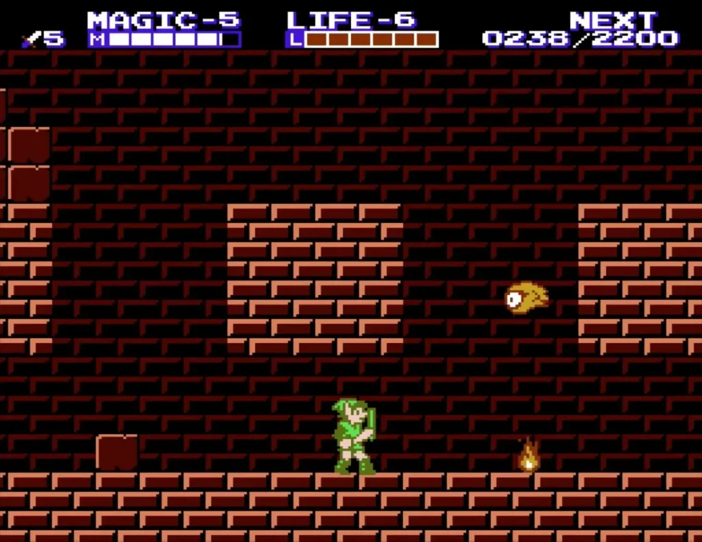 Link on the brick floor of Island Palace beside a flame and a flying enemy