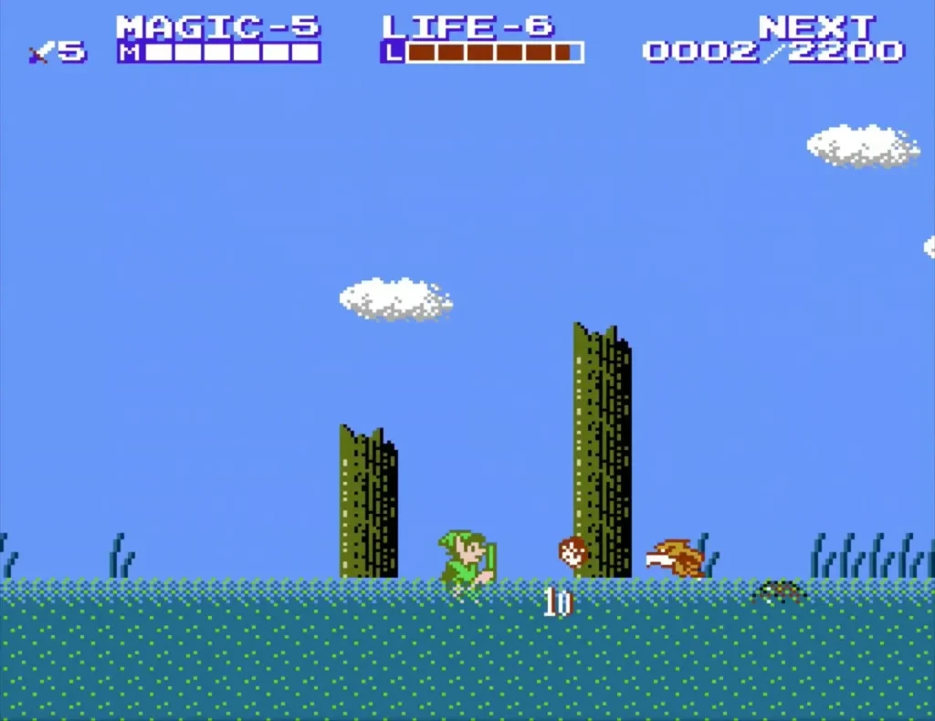 Link on the sea coast with a brown bird enemy and a dropped item