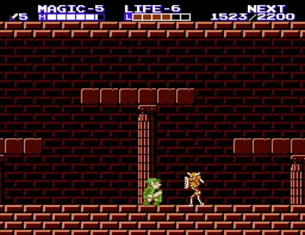 Link beside a white-and-orange Doomknocker in a brick room of Island Palace