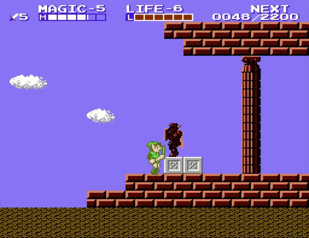 Link next to the Iron Knuckle statue at the Island Palace entrance