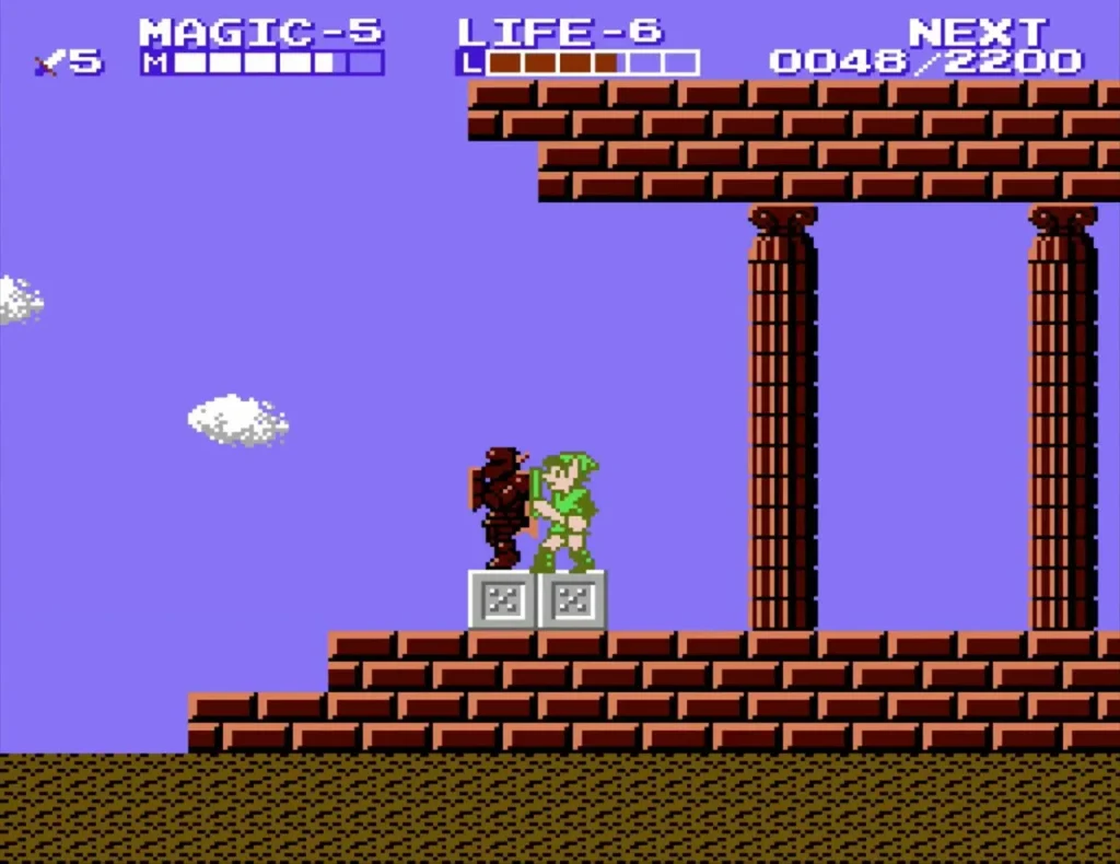 Link beside the brown Iron Knuckle statue on grey blocks at Island Palace