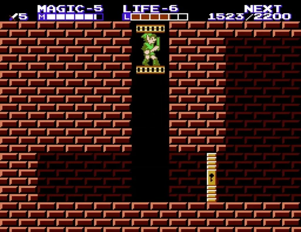 Link riding a gold elevator up a brick shaft past a second elevator in Island Palace