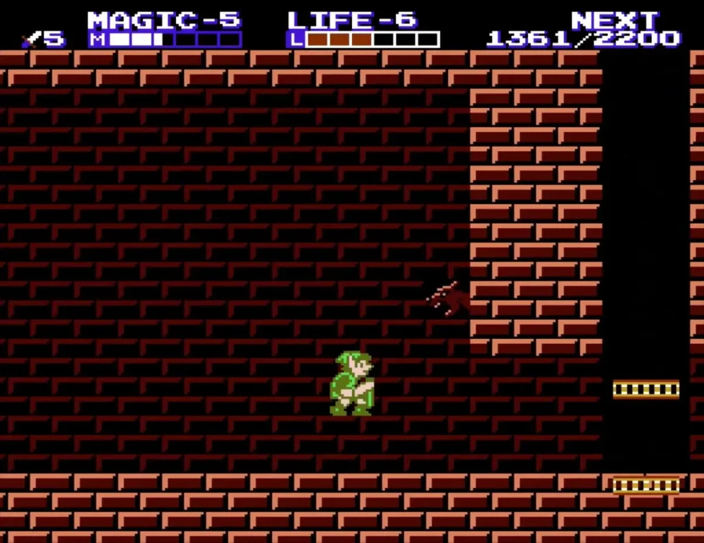 Link in a brick room of Island Palace beside gold platforms and a shaft