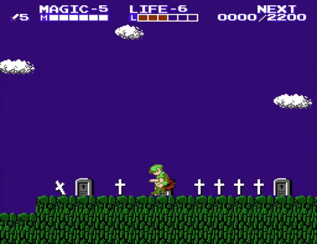 Link walking past crosses and tombstones toward the tomb hole