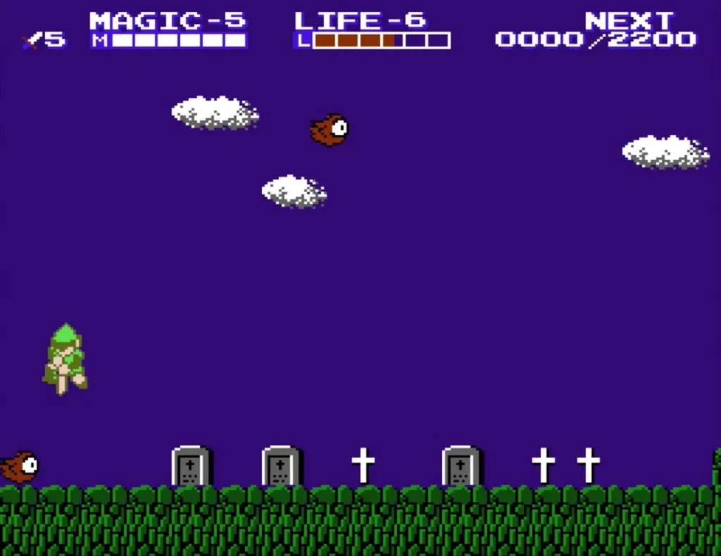 Link among grey tombstones and a brown bird enemy under a purple sky