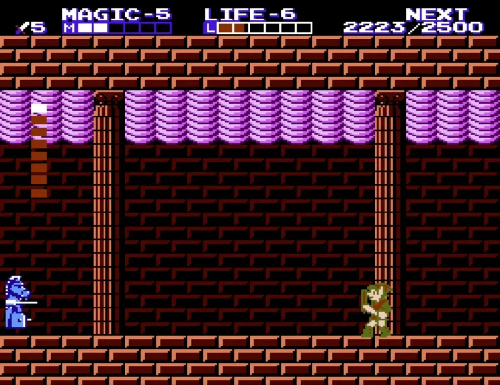 Link walking the purple-ceilinged maze room with a blue armored knight at far left