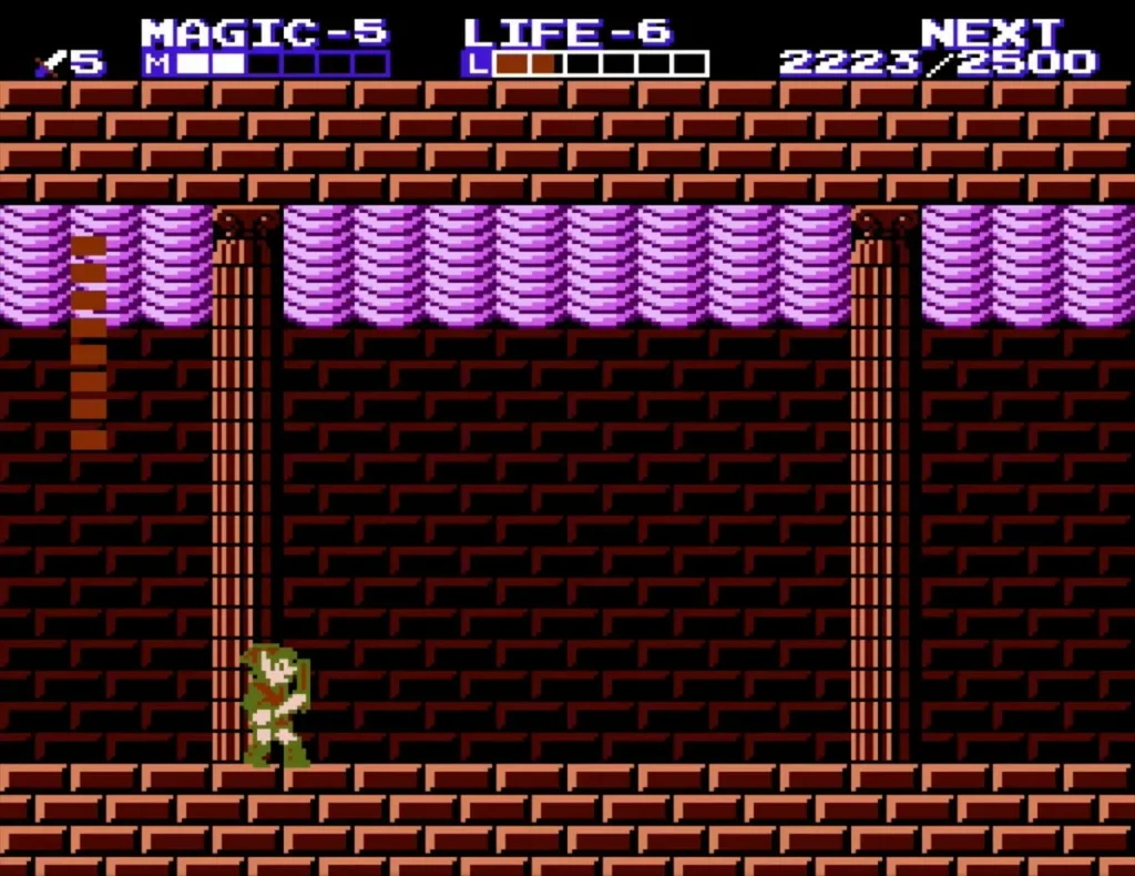 Link on the floor of the purple-ceilinged maze room of Island Palace beside pillars