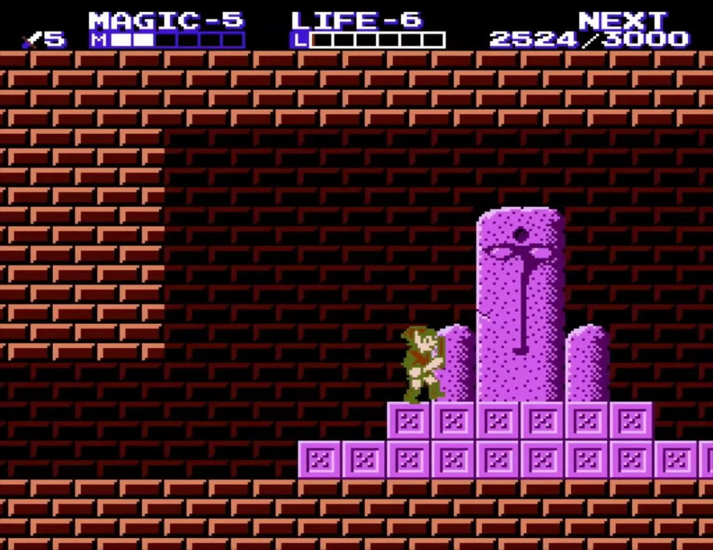 Link at the foot of the purple statue pedestal in Island Palace