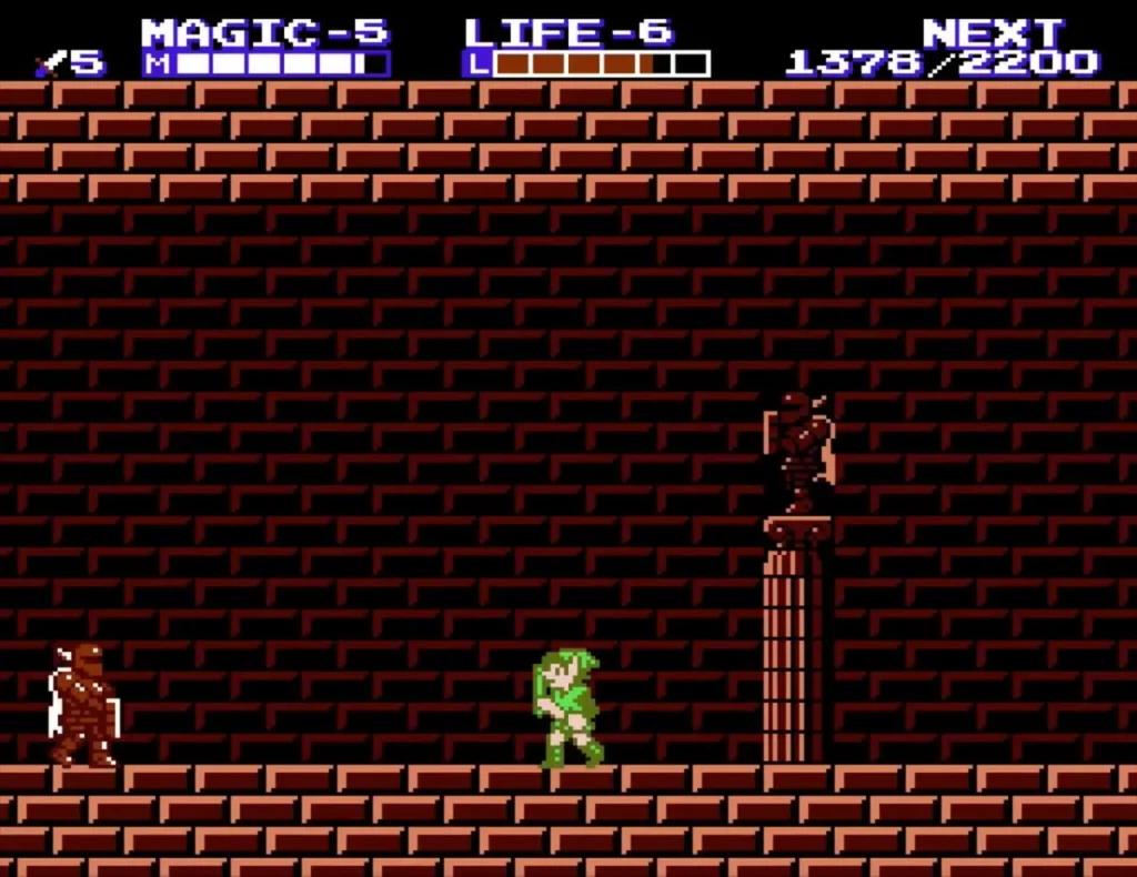 Link beside a red Iron Knuckle at the left of a brick room in Island Palace