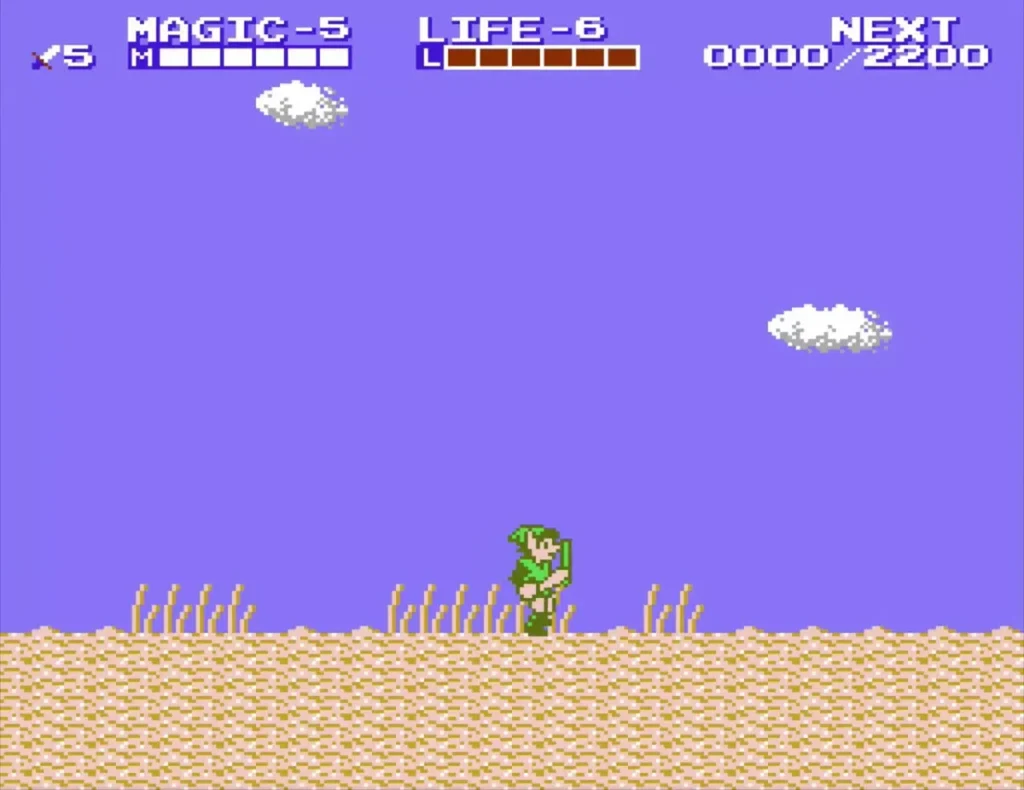 Link crossing the sand desert with sword level 5 in the top left HUD
