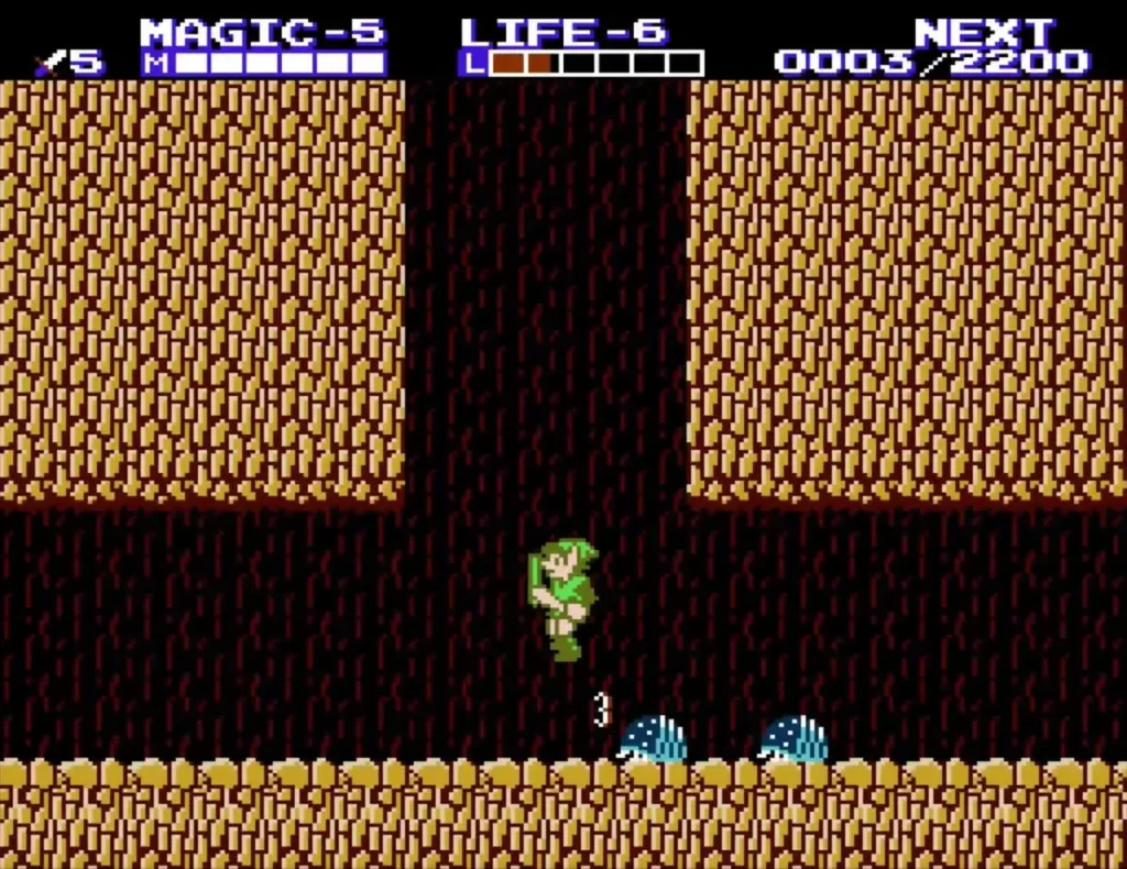 Link entering the sandstone tunnel with cyan spiked enemies