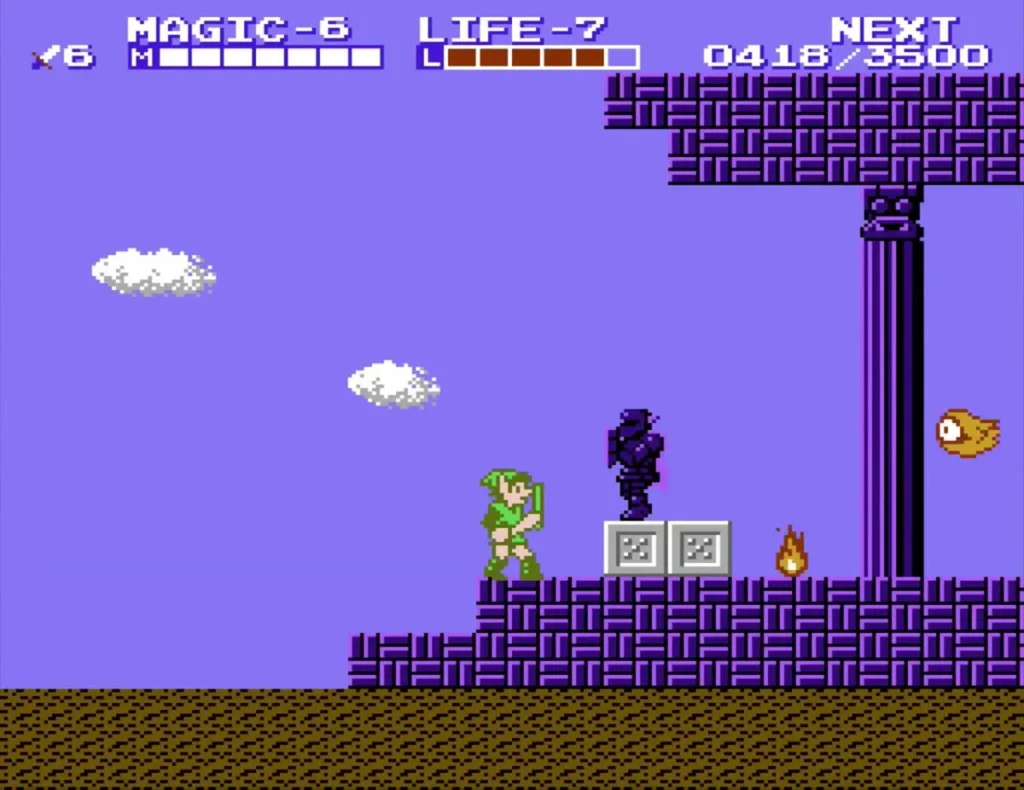 Link at the purple brick entrance of Maze Island Palace with a flame on the floor and a Fiery Moa at the right