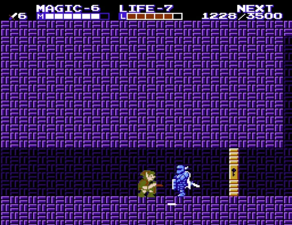 Link and a blue armored knight beside a gold door in Maze Island Palace