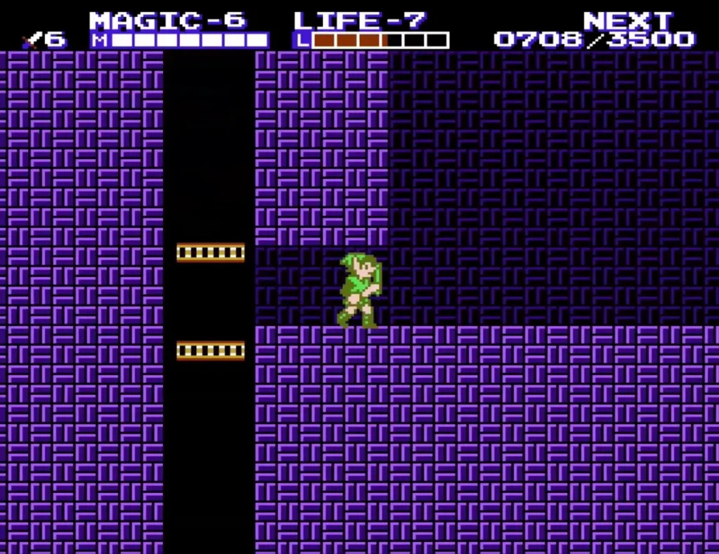 Link beside gold-railed rungs in a purple shaft of Maze Island Palace