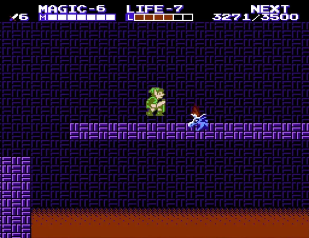 Link on a purple ledge above the red-brown lava floor of Maze Island Palace