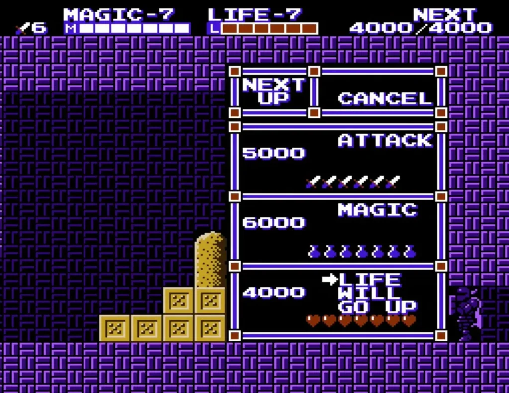 Level-up menu in Maze Island Palace with the cursor on LIFE WILL GO UP for 4000 experience