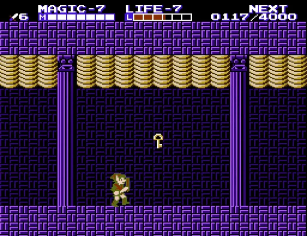 Link in a purple corridor of Maze Island Palace after reaching Magic level 7