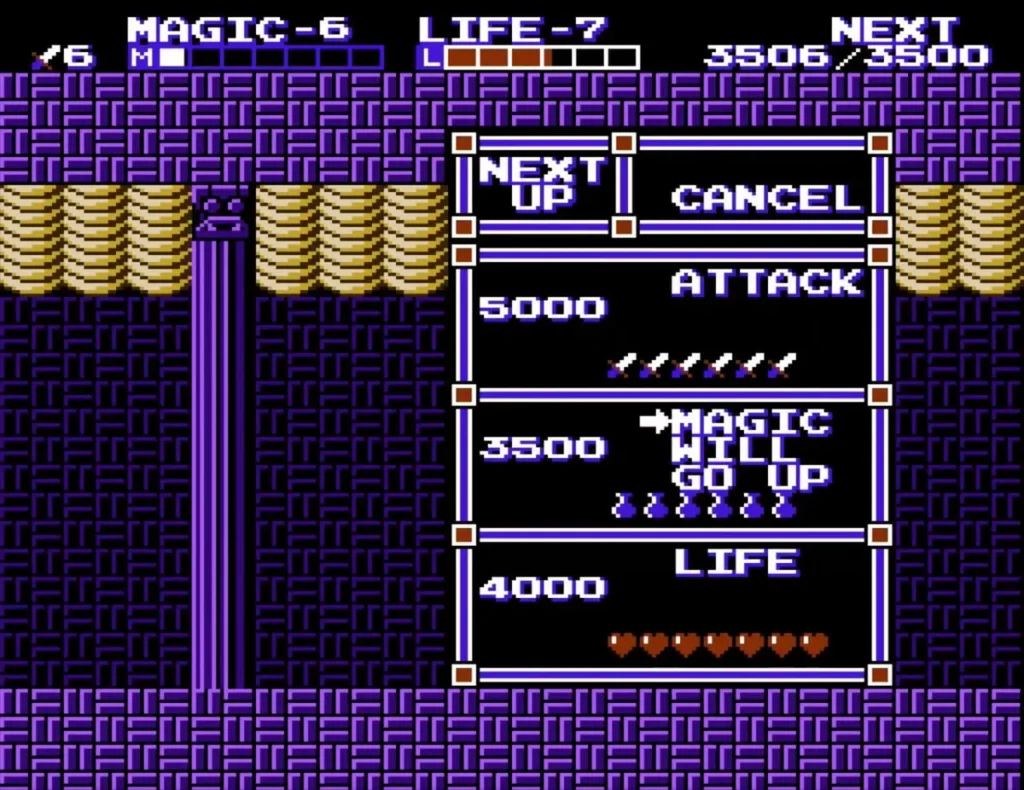 Level-up menu in Maze Island Palace with the cursor on MAGIC WILL GO UP for 3500 experience