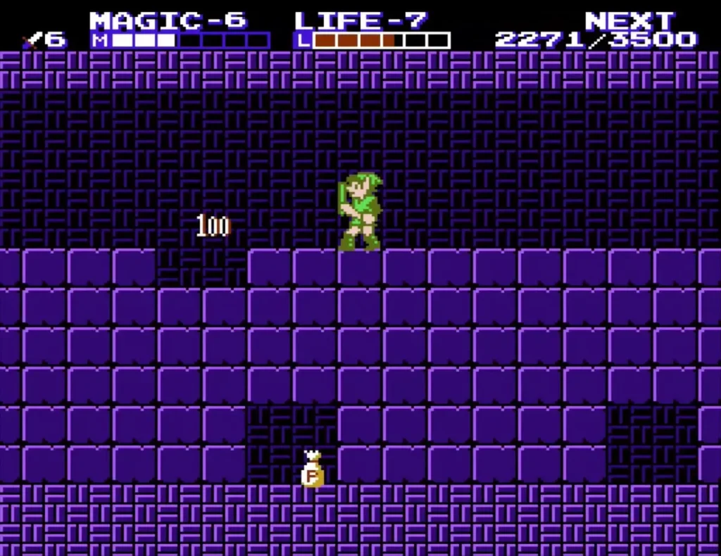 Link above a small pouch on the floor of a purple room in Maze Island Palace