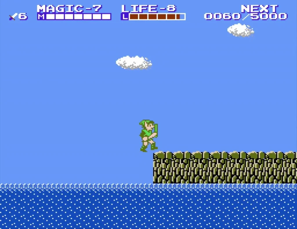 Link walking the grassy sea shore toward the palace at the far end