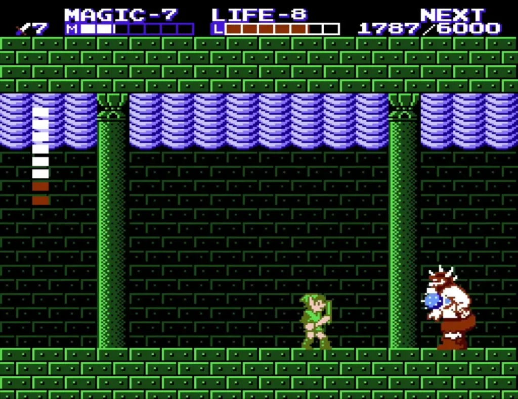 Link facing a red-and-white armored enemy that shoots blue fire in a green hall of Palace on the Sea Link facing a red-and-white armored enemy that shoots blue fire in a green hall of Palace on the Sea