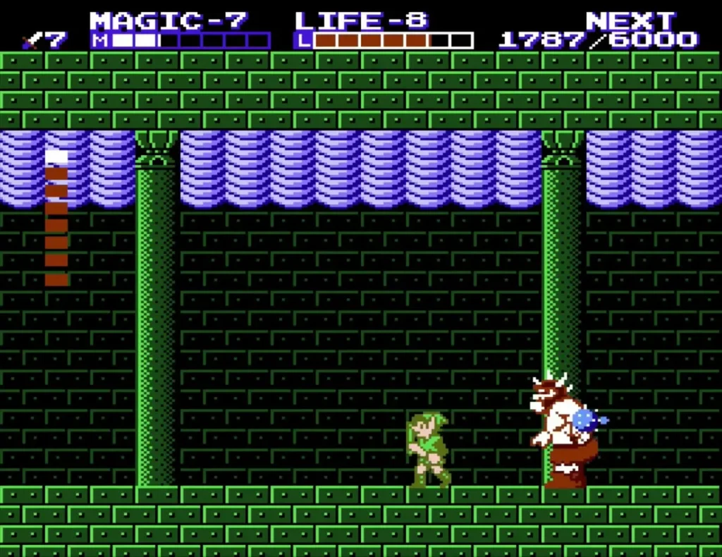 Link beside a red-and-white armored enemy firing blue fire in Palace on the Sea Link beside a red-and-white armored enemy firing blue fire in Palace on the Sea