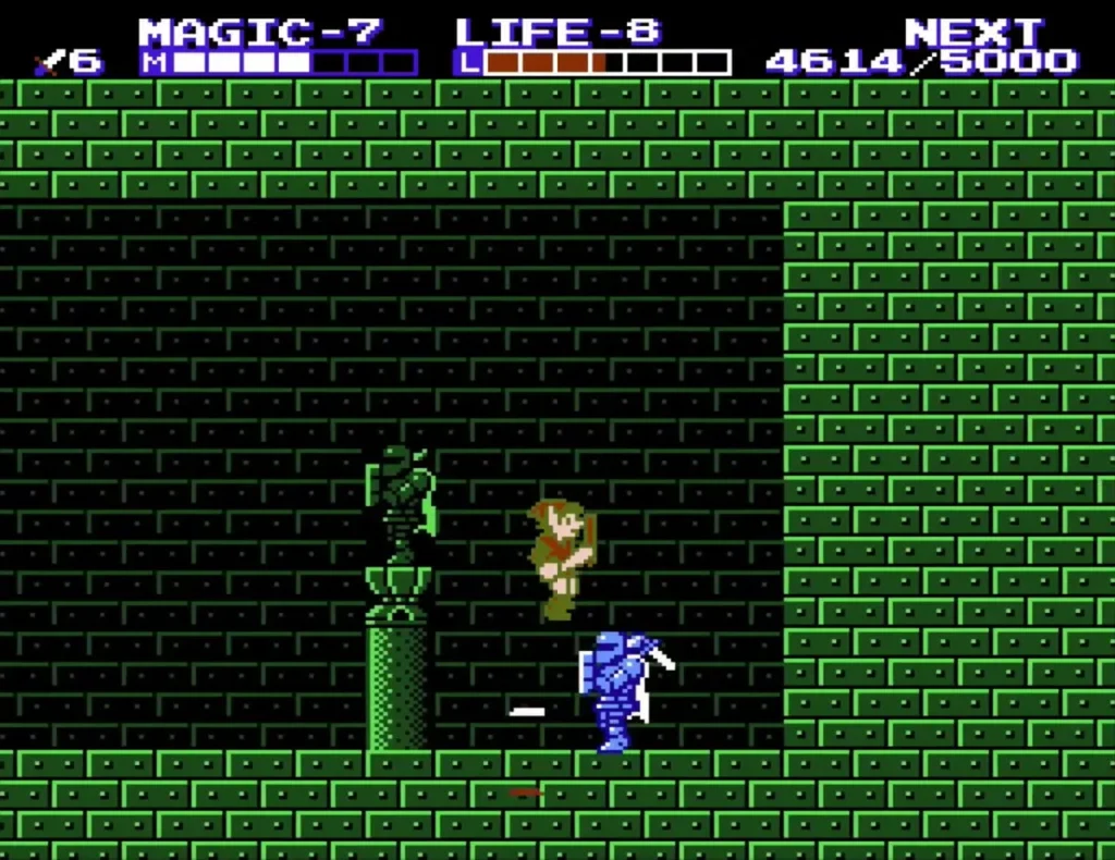 Link beside a blue Iron Knuckle and an orange knight by a statue in Palace on the Sea Link beside a blue Iron Knuckle and an orange knight by a statue in Palace on the Sea