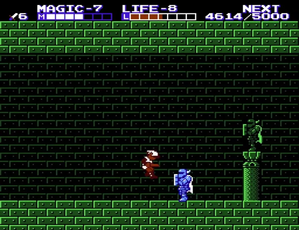 Blue Iron Knuckle and a red knight beside a statue pillar in Palace on the Sea Blue Iron Knuckle and a red knight beside a statue pillar in Palace on the Sea
